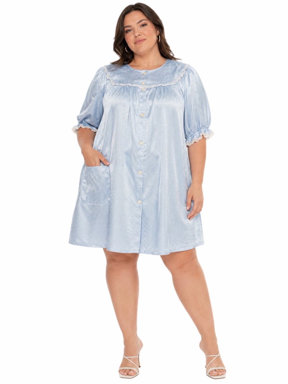 50s/60s European Vintage Cotton Button Down Dot Nightgown Dress Blue/White XL-2X